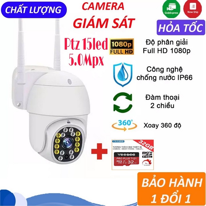 Camera yoosee ngoài trời Ptz 8 đèn 3.0Mpx quay quét 360 độ, đàm thoại 2 chiều, chịu nắng mưa, có màu ban đêm