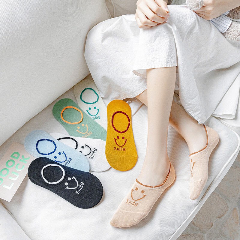 Tất lười nữ vớ nữ cổ ngắn nửa bàn chân chất cotton co giãn thêu hoạ tiết mặt cười smile xinh xắn TL2