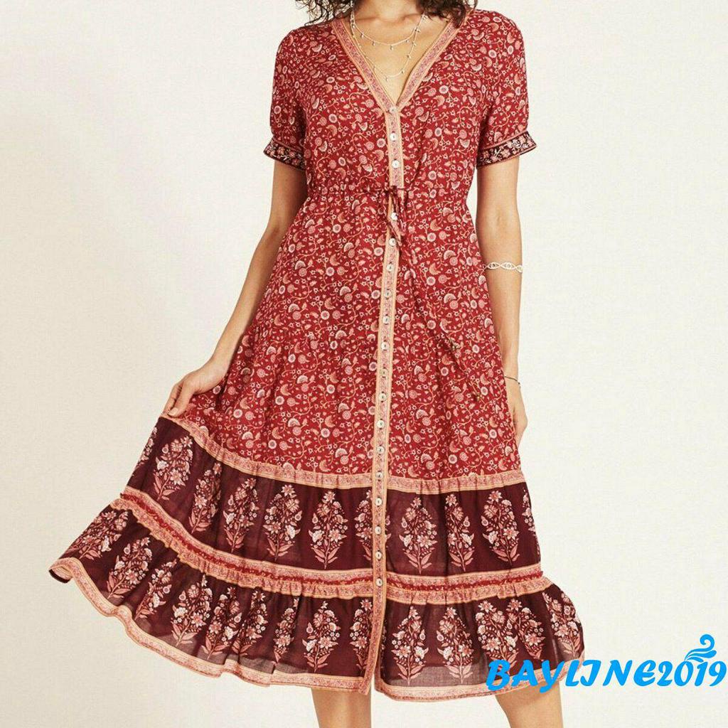 Đầm maxi dài không tay in hoa phong cách boho cho nữ