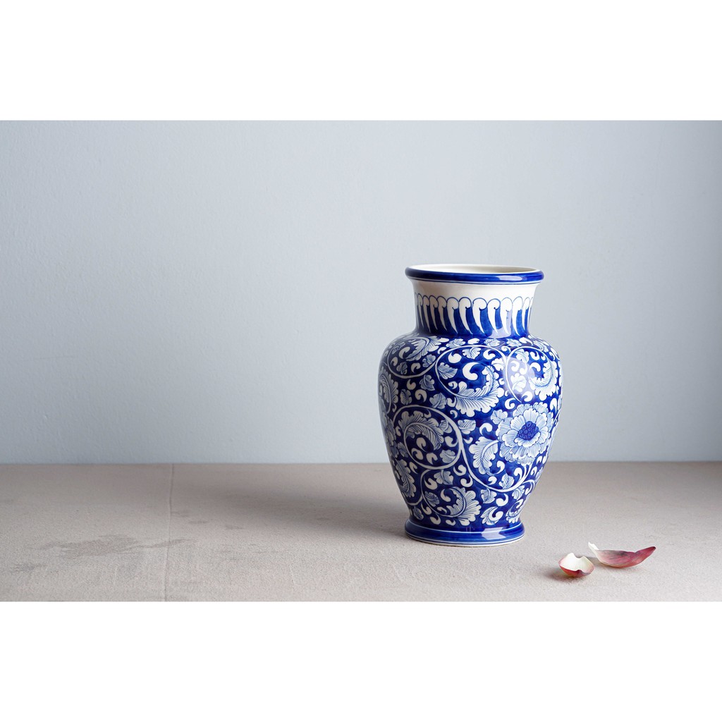 Bình hoa men trắng vẽ hoa phù dung dáng cao, cổ đứng, gốm Bát Tràng