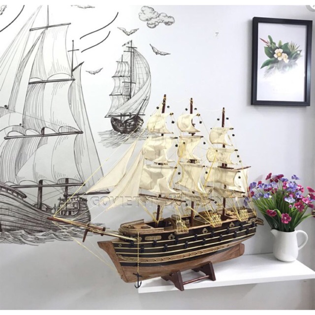 Mô hình thuyền gỗ thuyền trang trí tàu chiến cổ Napoleon của Pháp - Thân tàu dài 60cm - Gỗ xoan đào - Loại 1