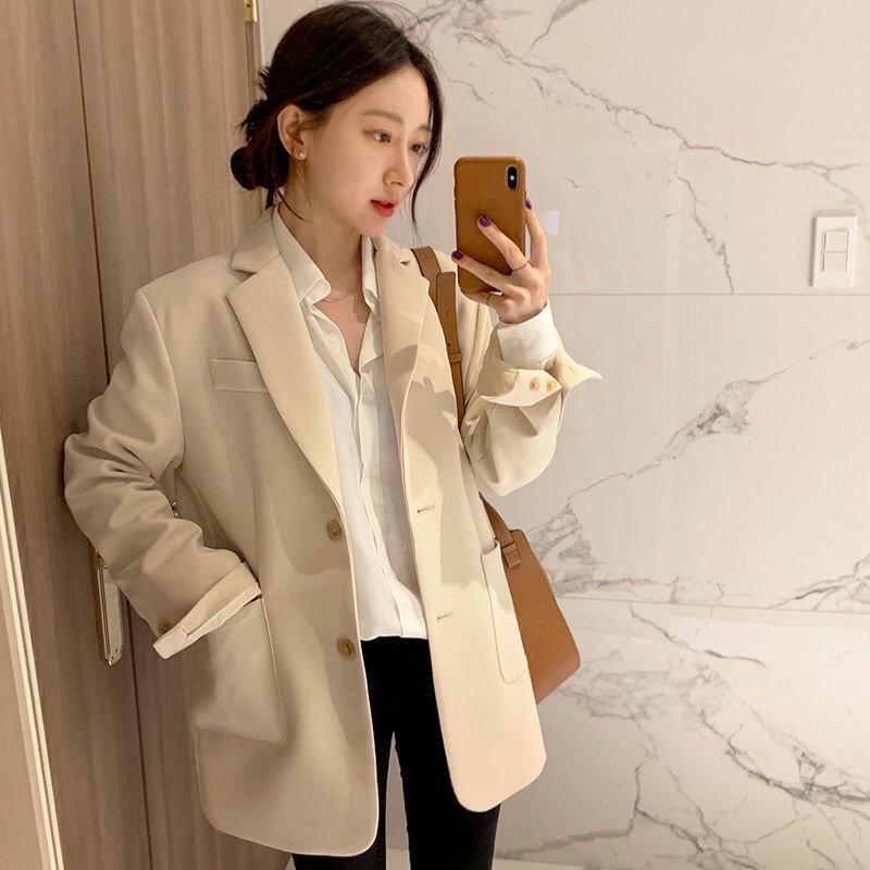 Áo Blazer 2lớp - phong cách Hàn quốc -tay cúc - Màu Be đen truyền thống -ulzzang  quảng châu kèm ảnh thật .