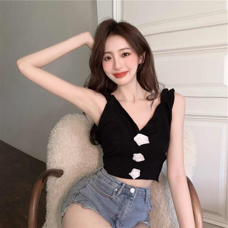 【ZHELIHANGFEI】Áo Sát Nách Dệt Kim Hở Vai Thêu Hoa Hồng Ba Chiều Thời Trang Cho Nữ