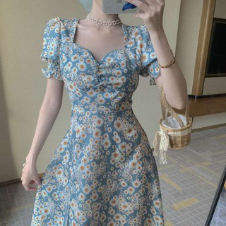 Đầm hoa nhí cổ V tay phồng, đầm hoa nhí thắt eo tôn dáng sang chảnh