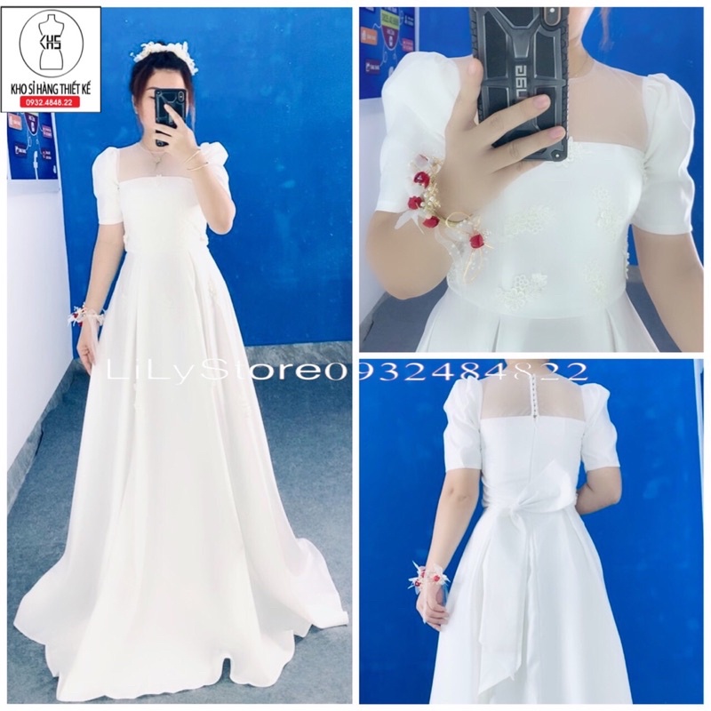ĐẦM CƯỚI TAY PHỒNG KẾT HOA PHỐI NƠ full size S/M/L/XL ( ảnh và video do chủ shop tự quay 10000%)