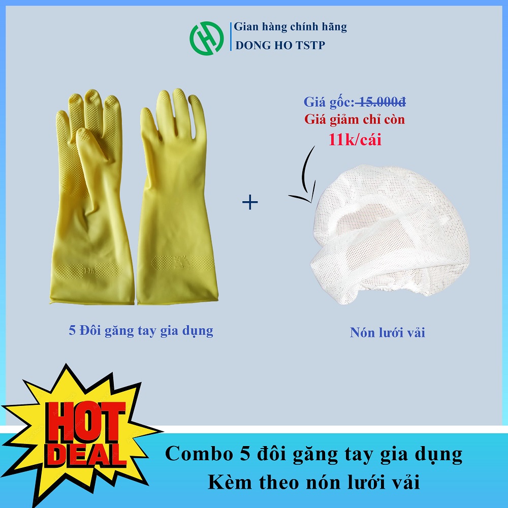 Combo 5 đôi găng tay cao su đa năng và nón vải dùng trong chế biến