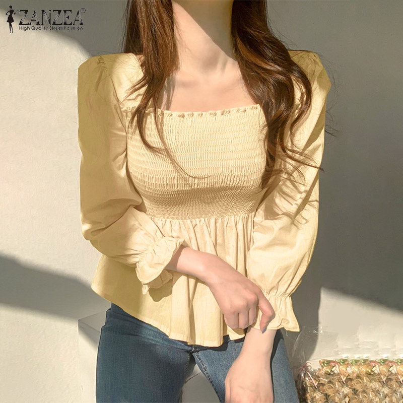 Áo kiểu ZANZEA tay dài cổ vuông eo co giãn xếp ly phong cách Hàn Quốc dành cho nữ
