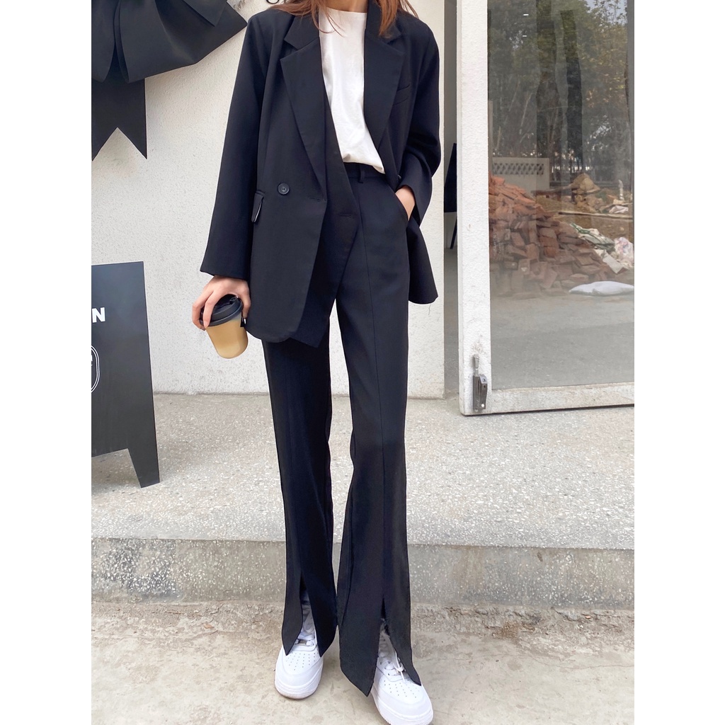 Quần Dài Lưng Cao Ống Rộng Màu Đen Phong Cách Retro Hàn Quốc Cho Nữ