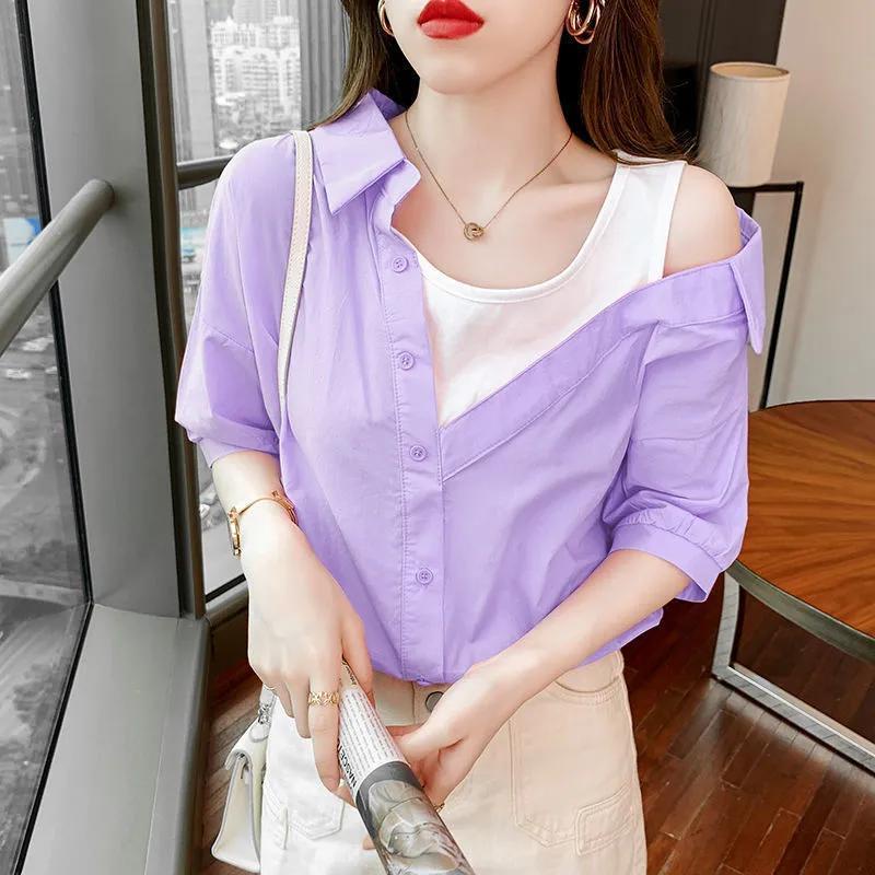 Áo Sơ Mi Giả Hai Mảnh Dáng Rộng Tay Ngắn 2022 Thời Trang Mùa Hè Dành Cho Nữ