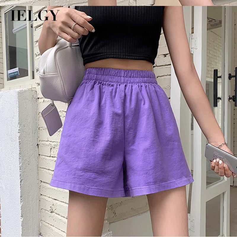Quần ngắn thể thao IELGY lưng cao ống rộng màu trơn thời trang Hàn Quốc giản dị cho nữ