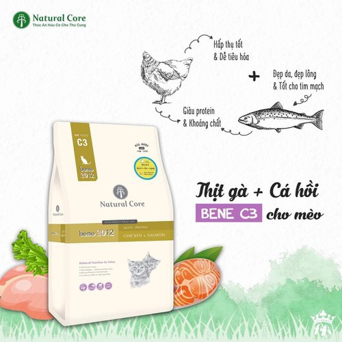 5kgTHỨC ĂN NATURAL CORE C3 BENE 3012 CHO MÈO THỊT GÀ &amp; CÁ HỒI thức ăn giàu dinh dưỡng cho mèo trưởng thành.