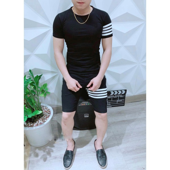 Bộ Quần Áo Thun Nam Ngắn Tay Kẻ Sọc Tay Quần-Bộ Nam Hè Chất Thun Lạnh Co Dãn 4 Chiều | BigBuy360 - bigbuy360.vn