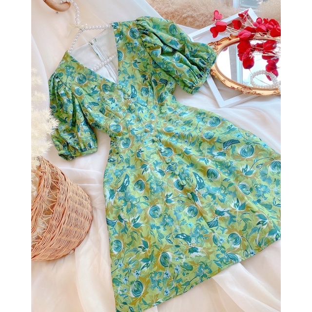 ĐẦM HOA NÚT CỔ TAY PHỒNG