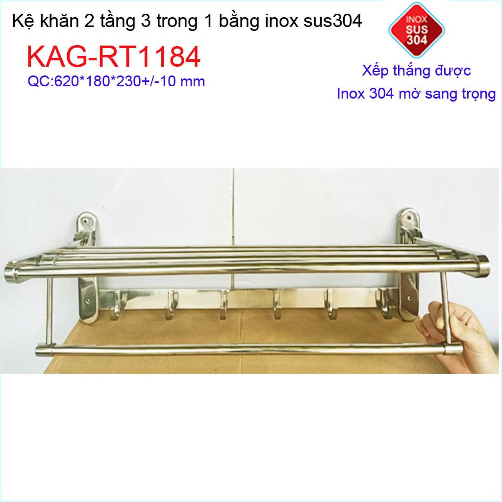 kệ máng khăn đa năng thẳng lật, kệ treo khăn inox SUS304 3in1 KAG-RT1184- treo khăn + phơi khăn + móc khăn