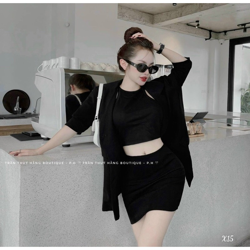 💓 Set đồ nữ 3 món áo croptop chân váy ôm kèm áo vest FREESHIP set bộ dễ thương