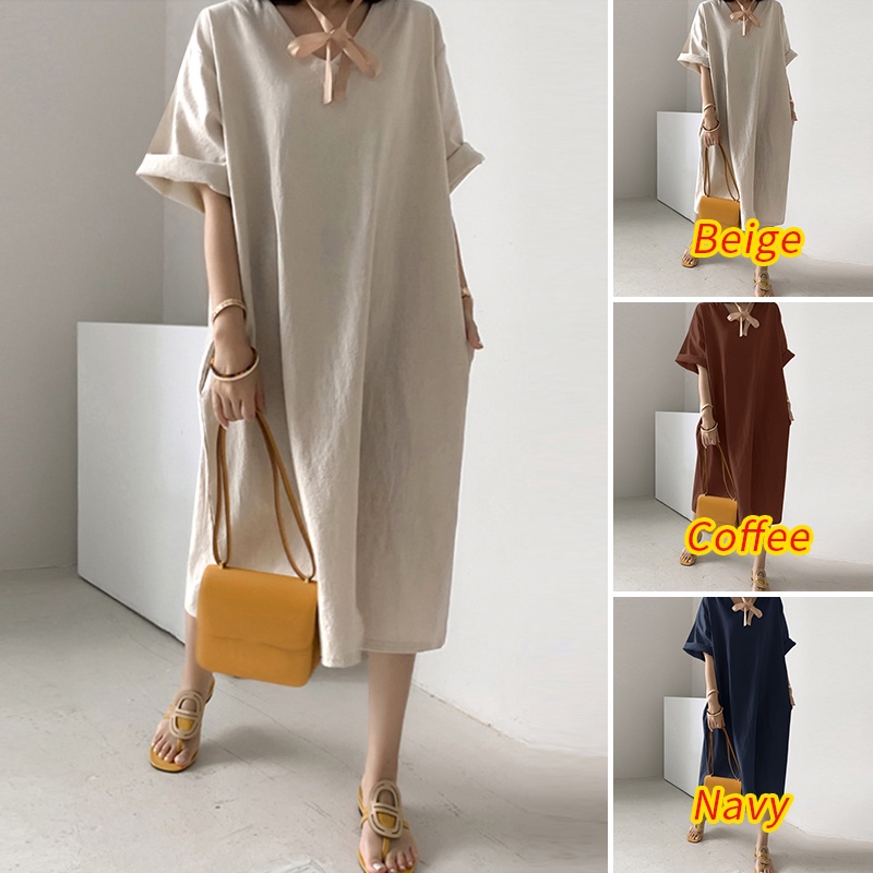 Đầm midi ZANZEA tay ngắn cổ chữ V phong cách Hàn Quốc cho nữ