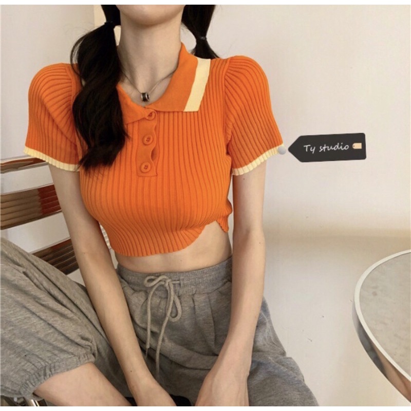 Áo polo croptop cổ bẻ phối mà  kiểu dáng trẻ trung năng động freesize