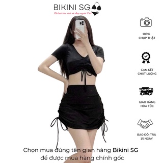 Đồ bơi nữ bikini 2 mảnh kín đáo áo croptop tay ngắn dây rút phối chân quần váy rút đi biển đẹp năng động