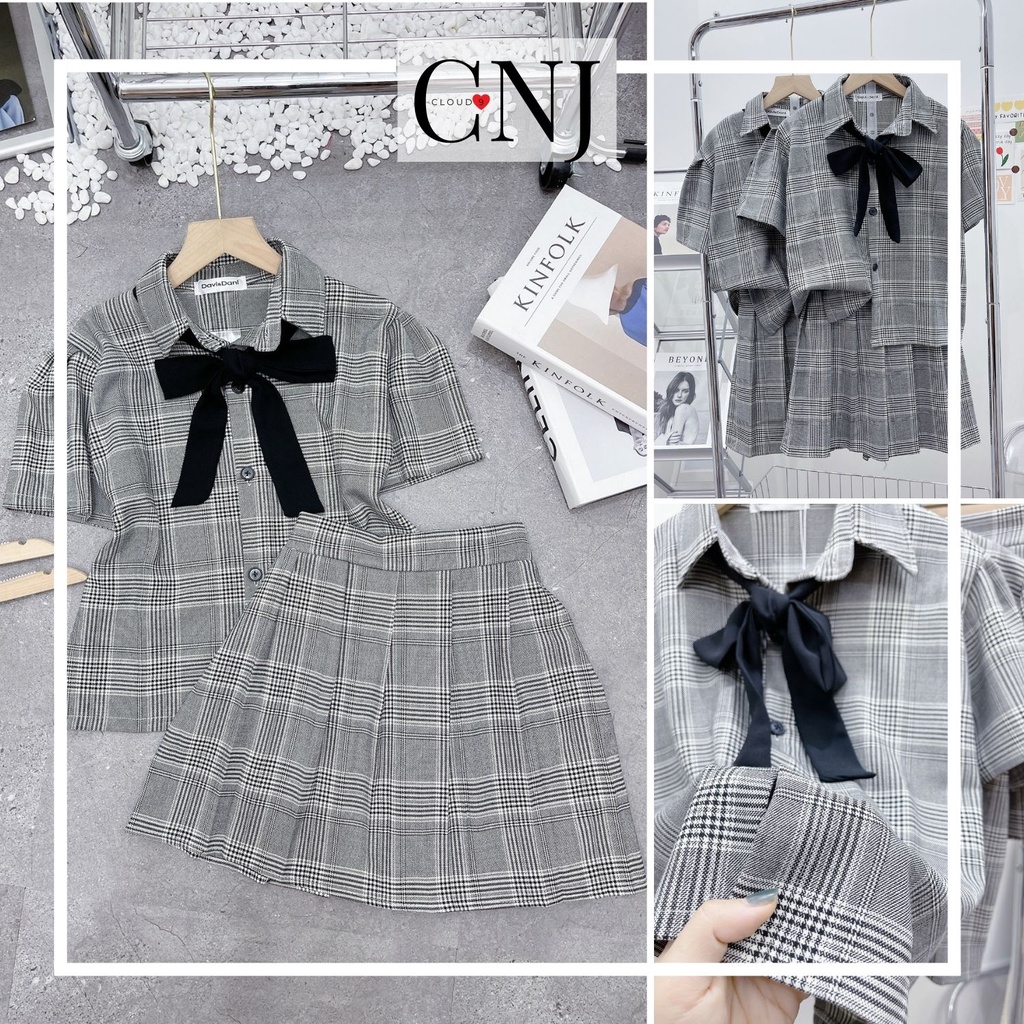 Set áo sơ mi nữ sinh kèm nơ kèm chân váy xòe xếp li kẻ caro có quần trong, chất cực đẹp, hack tuổi phong cách Hàn Quốc