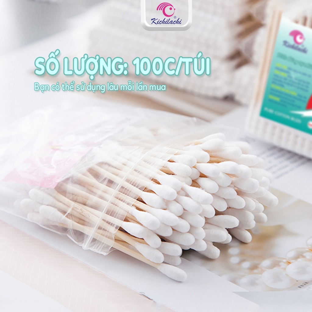 Tăm Bông Gói Kichi 100pcs Que Gỗ 100% Cotton Cao Cấp Người Lớn