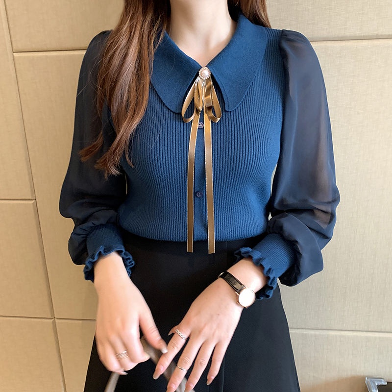 Áo Chiffon Dệt Kim Tay Phồng Cổ Búp Bê Dáng Ôm Thời Trang Mới Dành Cho Bạn Nữ