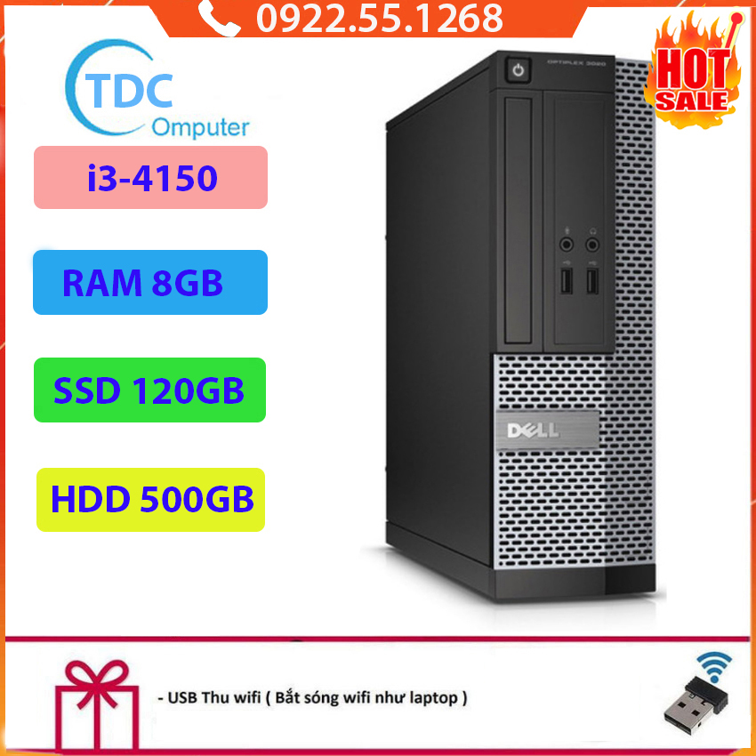 Case máy tính đồng bộ DELL Optiplex 3020 Intel Core i3-4150, ram 8GB, Ổ cứng SSD 120GB+HDD 500GB Tặng USB Thu Wifi