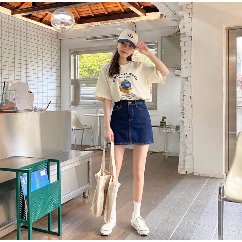 Set áo phông gấu mix chân váy jean