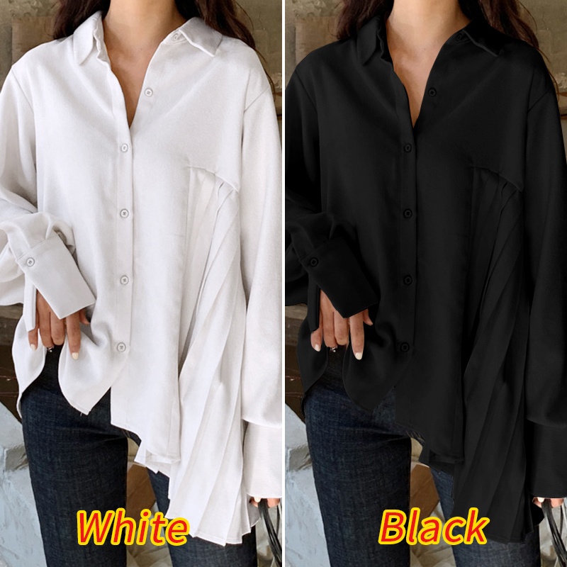 Áo kiểu ZANZEA cổ lật tay dài dáng rộng màu trơn phối xếp ly đơn giản phong cách Hàn Quốc thời trang dành cho nữ