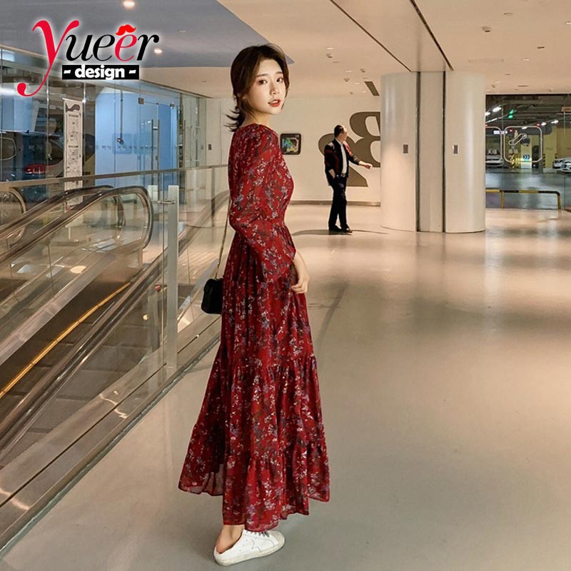 Đầm maxi nữ dài tay hoạ tiết hoa xinh xắn size S-Xl