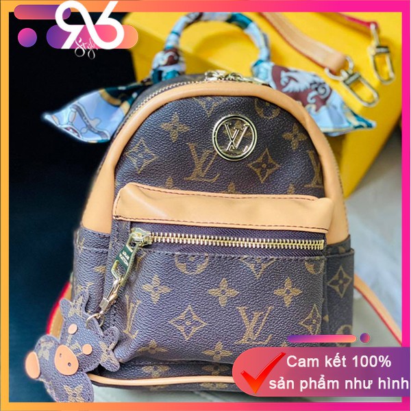 Balo nữ lv mini size 20 fullbox dây đeo bấm cúc đeo được 2 kiểu (tặng kèm khăn + móc treo)