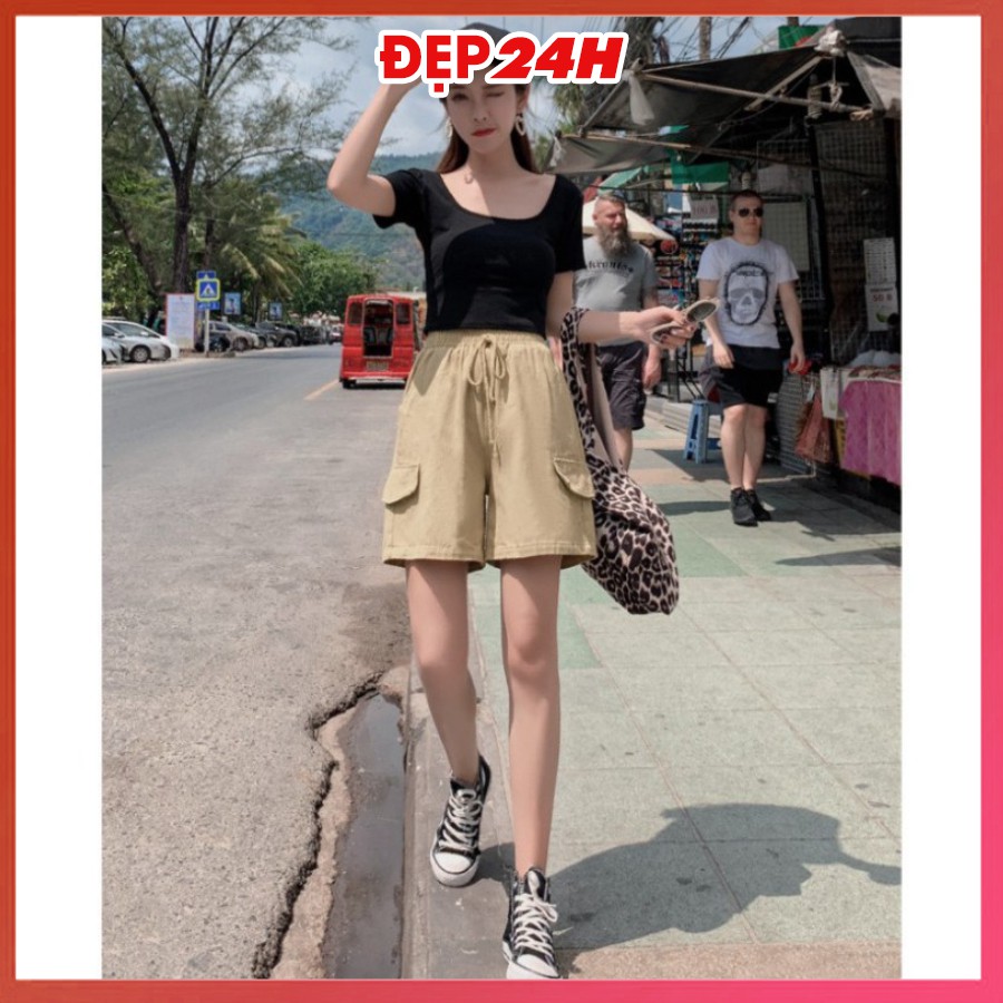 Quần short kaki nam nữ có nắp túi, quần đùi unisex Đẹp 24 giờ, ống rộng thoải mái, nhiều màu sắc QH.50
