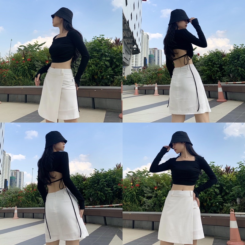 Áo Croptop Dây Lưng, Áo Thun Cổ Vuông Tay Dài Ôm Body Cá Tính IRISVIEL