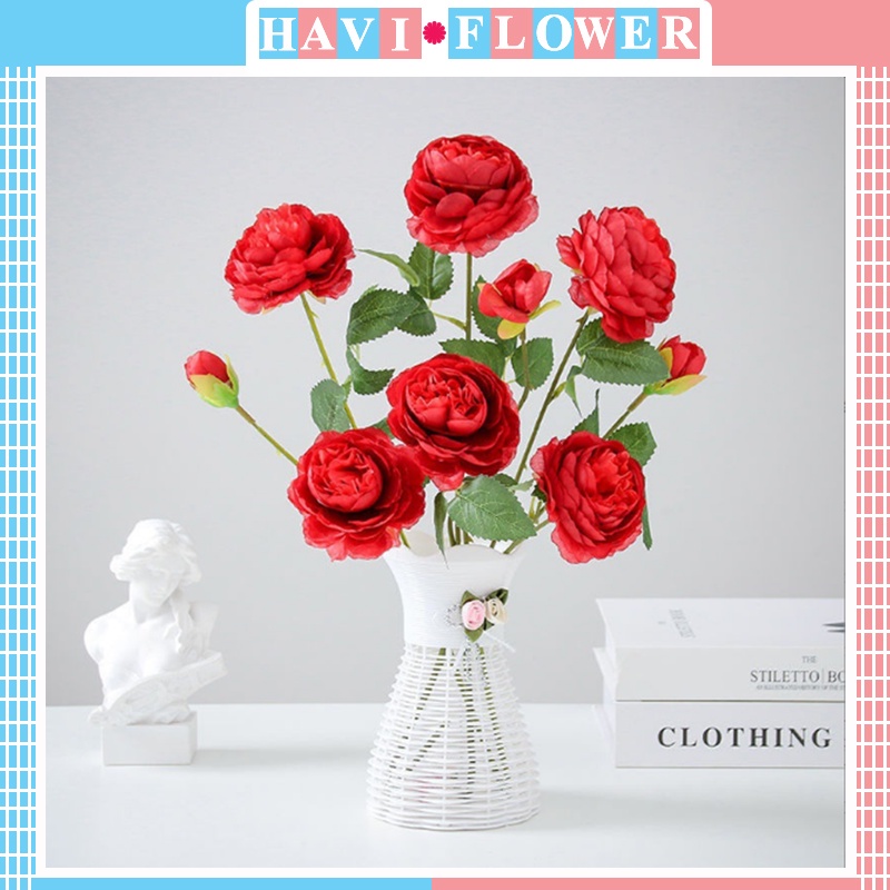 Hoa giả - Combo 10 cành hoa hồng lụa Havi cao cấp (65cm) đẹp, bền, sang trọng trang trí nội thất, cửa tiệm