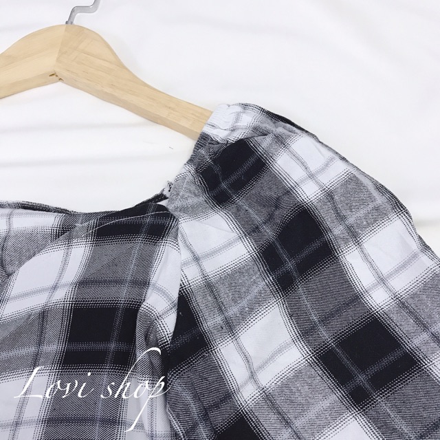 Áo caro đắp chéo cột nơ 2 màu xanh- đen