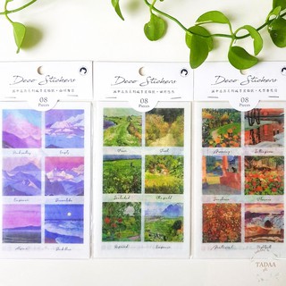 Set 8 sticker hình dán aesthetic, vintage art hoa lá và phong cảnh retro trang trí sổ bullet journal