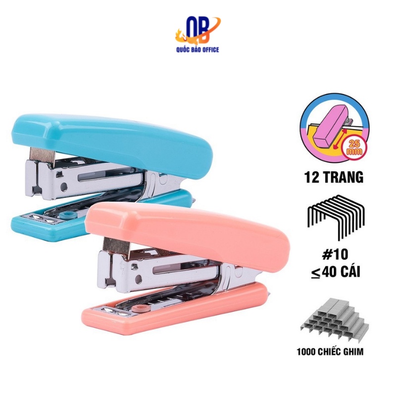 Dập ghim #10 Deli, Đính kèm 1000 chiếc ghim 12 trang, Xanh, vàng, trắng, hồng - 1 cái E0254