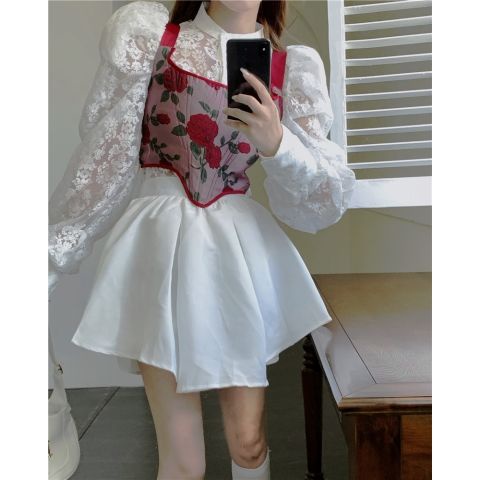 Set áo corset họa tiết hoa hồng+áo sơ mi+chân váy lưng cao thời trang mùa thu phong cách Pháp 2021 trẻ trung