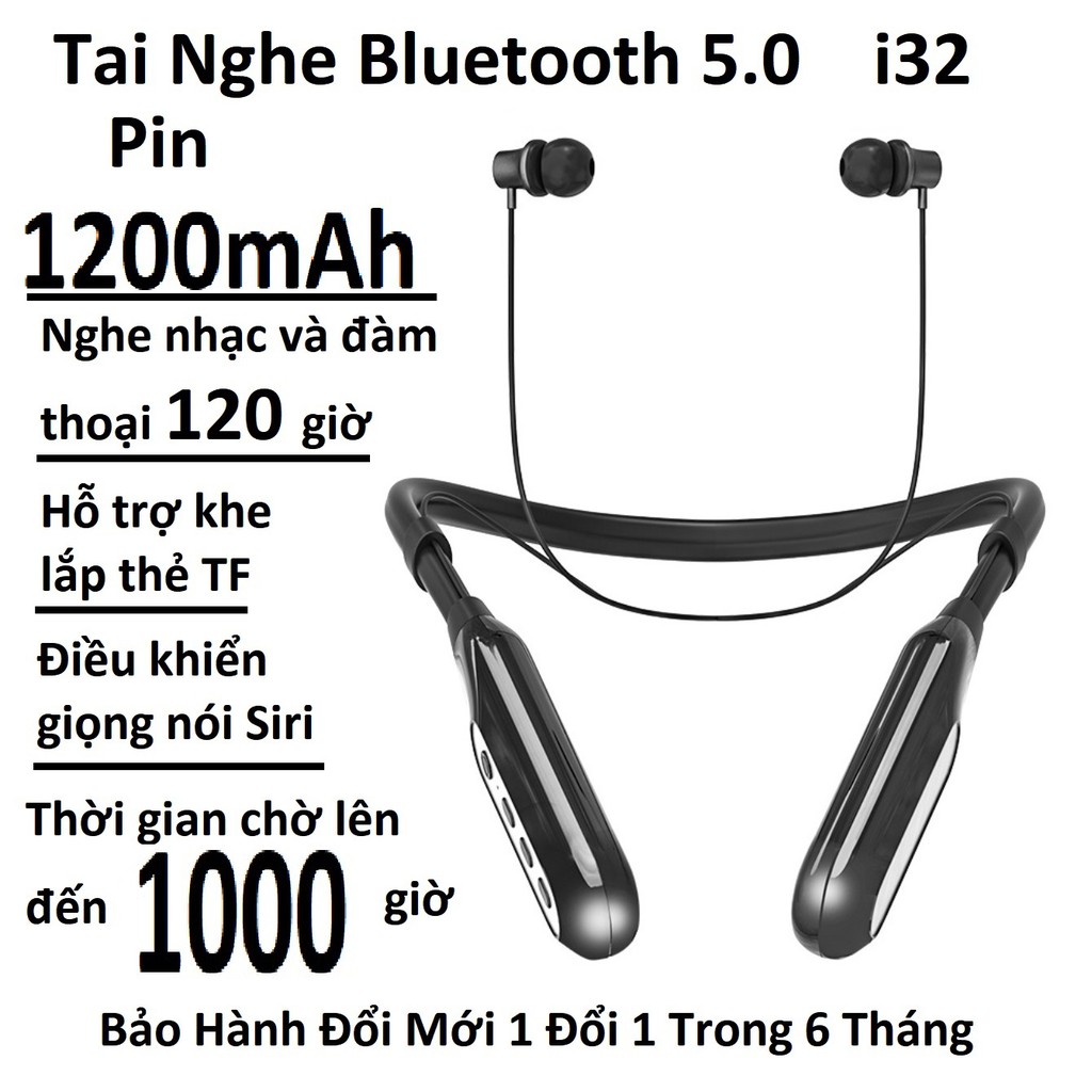 Tai Nghe Bluetooth 5.0 thể thao quàng cổ i32, Pin cực khủng 1200 mAh, nghe nhạc và đàm thoại 120 giờ ,chức năng Siri.