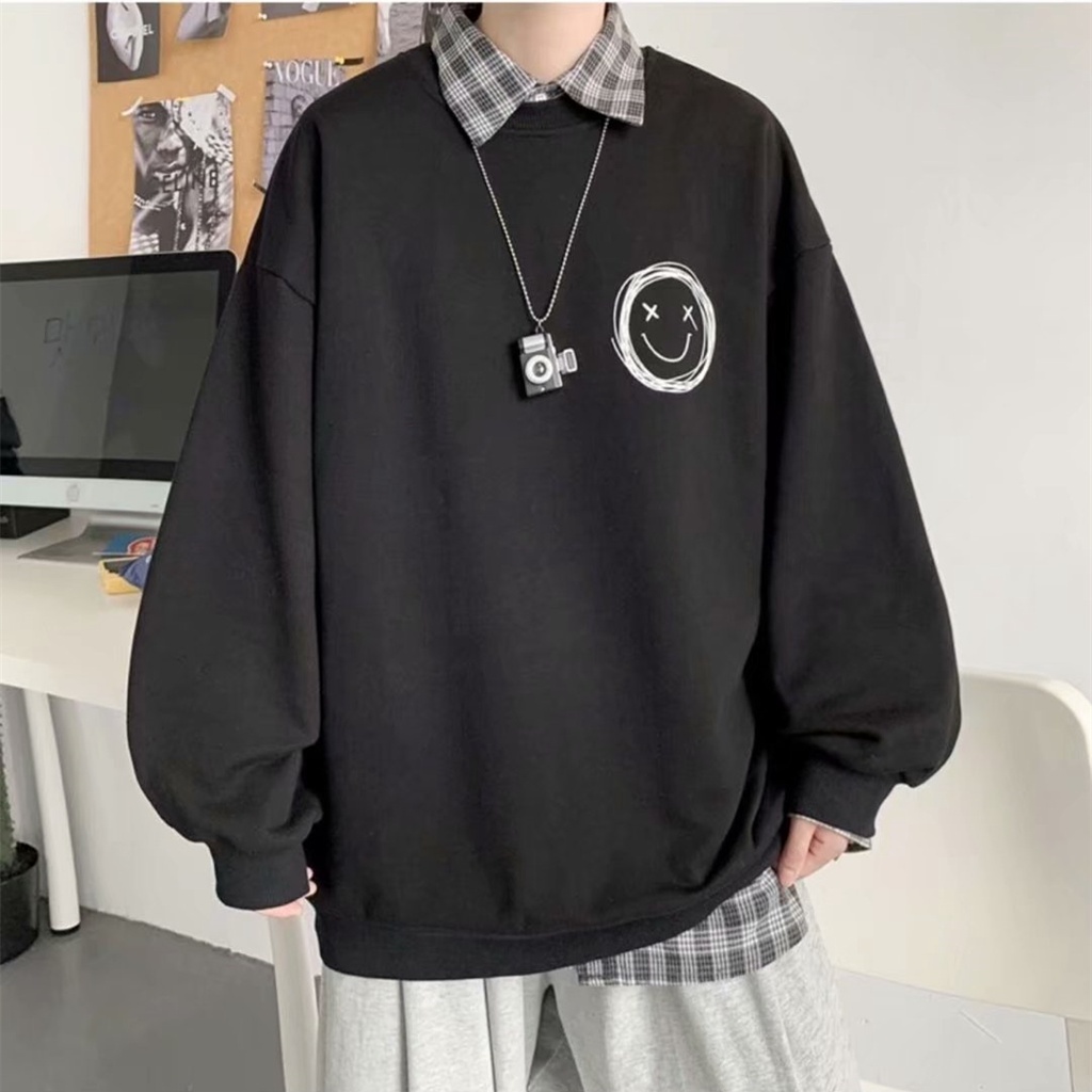 Áo Sweatshirt Nam Dáng Rộng In Hình Mặt Cười Phong Cách Hàn Quốc 5 Màu Tùy Chọn Size M-5XL