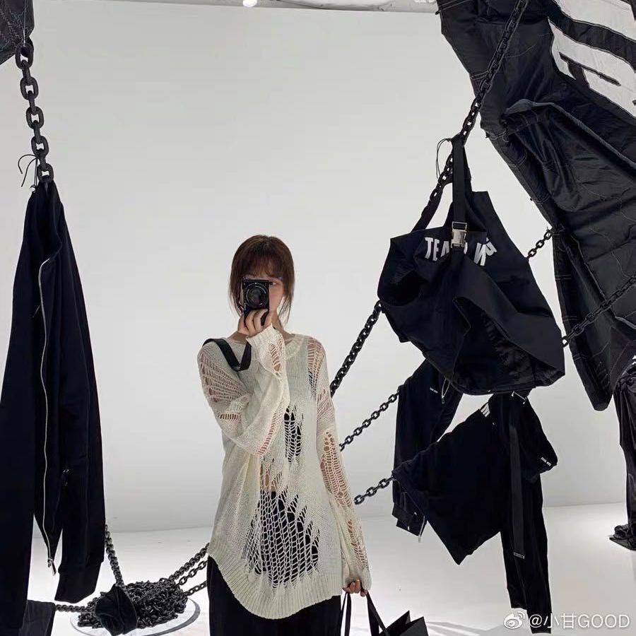 Jiashucheng Áo Sweater Dệt Kim Mỏng Tay Dài Dáng Rộng Rách Lỗ Phong Cách Mới Cho Nữ