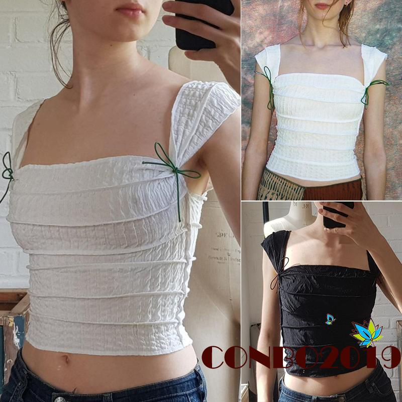 Áo Tank Top Sát Nách Cổ Vuông Màu Trơn Cột Dây Thời Trang Cho Nữ