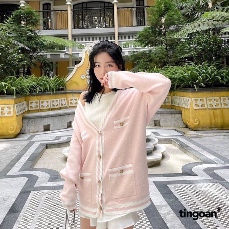 TINGOAN® - Áo khoác cardigan len xù hồng viền trắng tingoan RAINBOW BABY CARDIGAN/PK