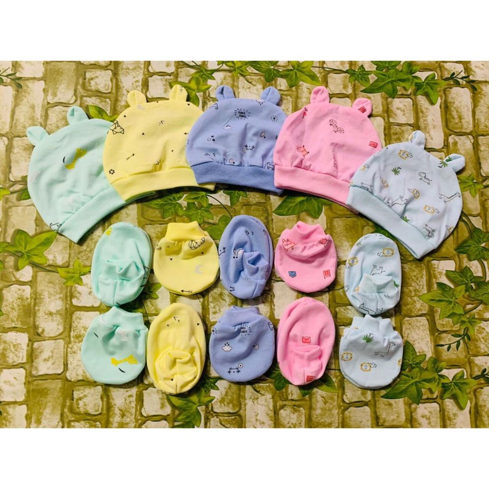 Set mũ sơ sinh bao tay bao chân HỌA TIẾT chất cực đẹp đáng yêu cho bé SM03
