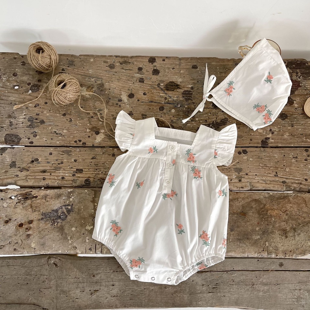 Bộ Áo Liền Quần Cổ Vuông Tay Cánh Tiên Bằng Vải Cotton Thêu Hoa Phong Cách Mori Thời Trang Mùa Hè