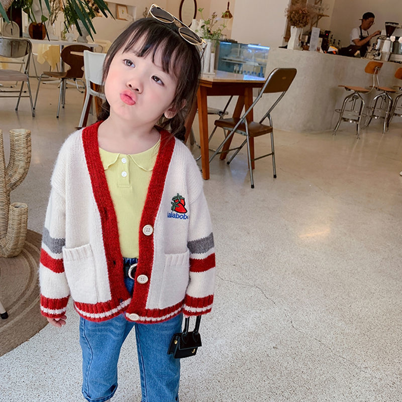 Áo khoác sweater dệt kim cổ chữ v đáng yêu thời trang mùa thu cho bé