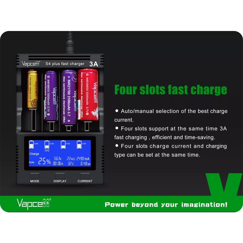Vapcell S4 PLUS V2 4 khay pin sạc nhanh 12A