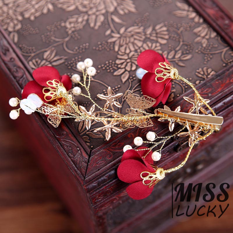 Red Wedding Bride Headdress Hairpin Clip Jewelry Accessories Flowers Ornaments New styles Roses Goddes Style Barrett