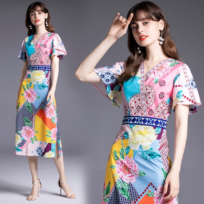 Đầm midi tay dài cổ chữ v in họa tiết thanh lịch cho nữ