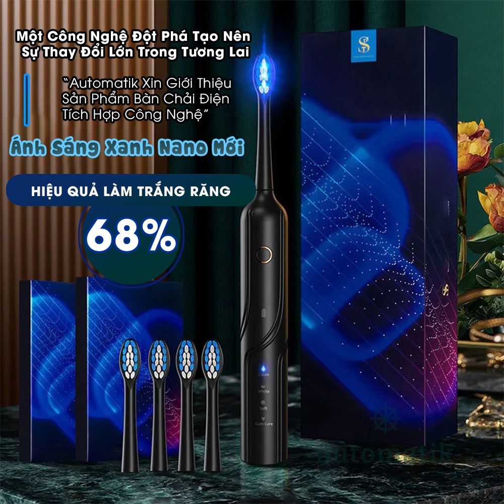 [Ánh Sáng Xanh] Bàn Chải Điện Đánh Răng Tự Động Công Nghệ Sóng Âm, Lông Mềm Mại, Chải Sạch Sâu 4 Chế Độ  - Automatik