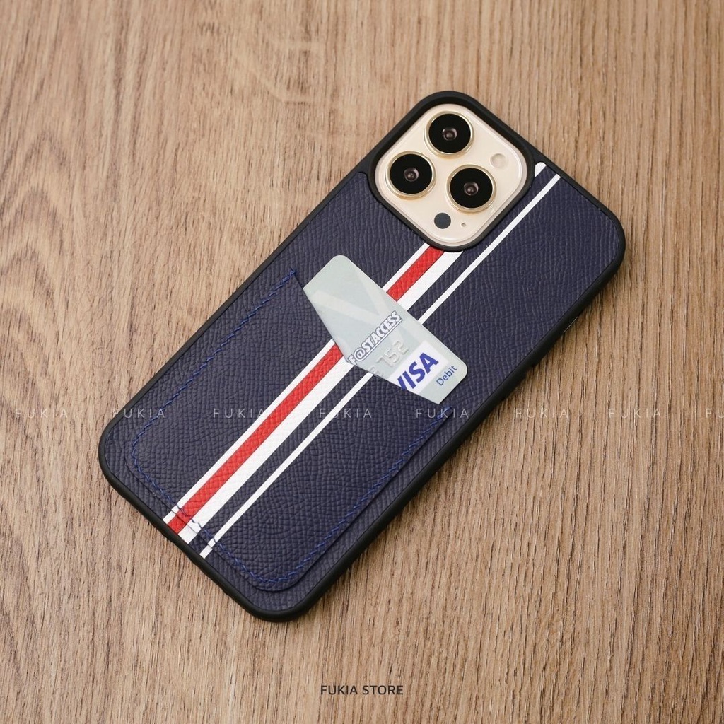 Ốp da thủ công viền đen Epsom khe thẻ TB cho IPhone 14/14Plus/14Pro/14Promax/13/13Pro/13Promax/12/12Pro/12Promax ODTC113